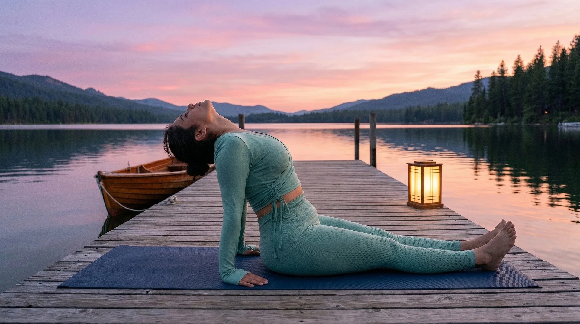 Ontspannende yoga aan het meer bij zonsondergang, passend bij rust en balans in de avond.